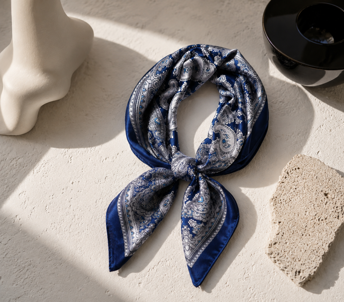 Navy Paisley Satin Square Scarf