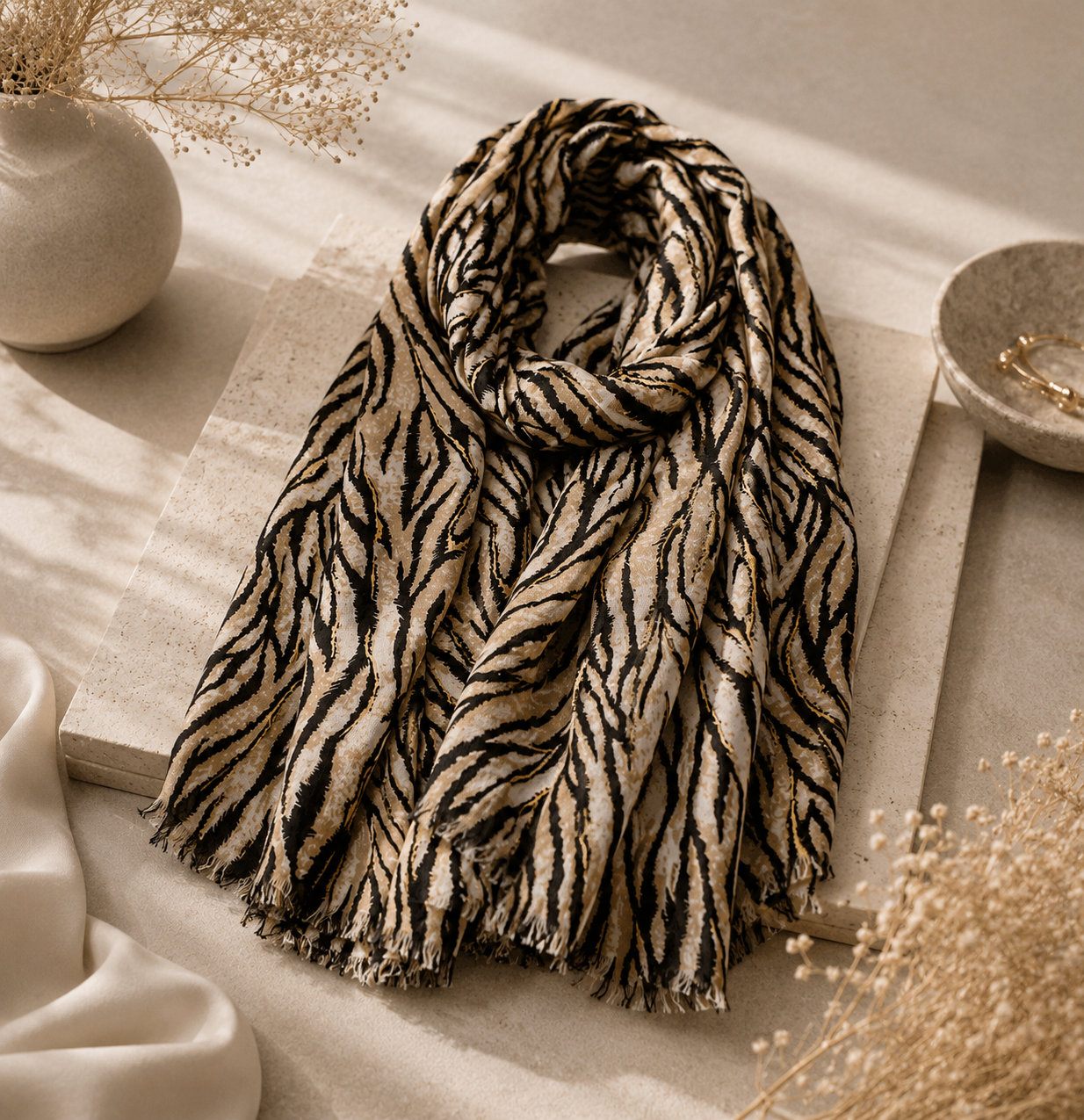 Beige Zebra Print Long Scarf