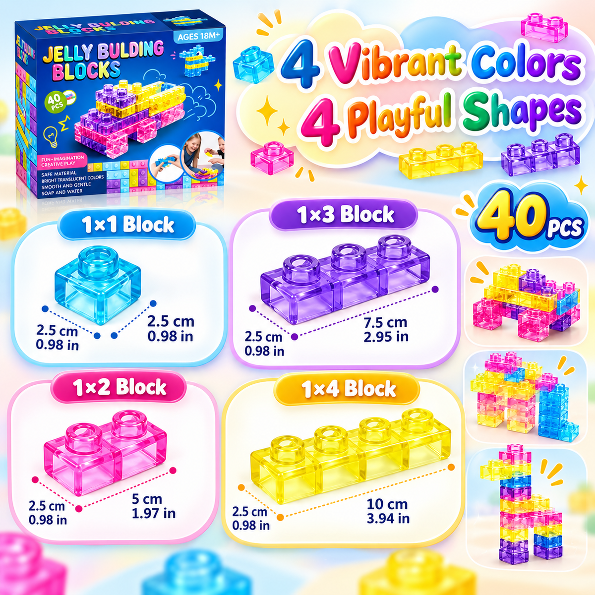 🧩 Soft Jelly Building Blocks –  Squishy Stretchable Bath Blocks (40PCS)