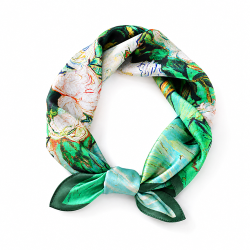 Green White Peony Silk Square Scarf
