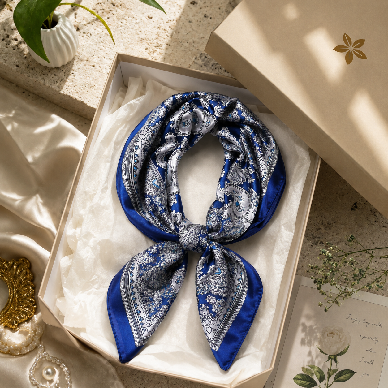 Navy Paisley Satin Square Scarf