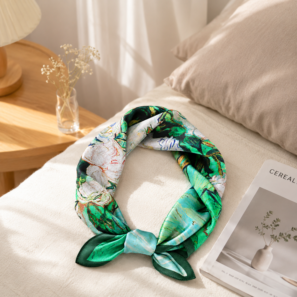 Green White Peony Silk Square Scarf