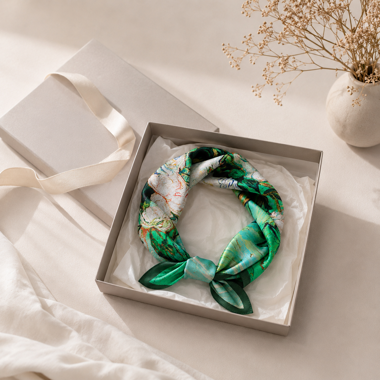 Green White Peony Silk Square Scarf