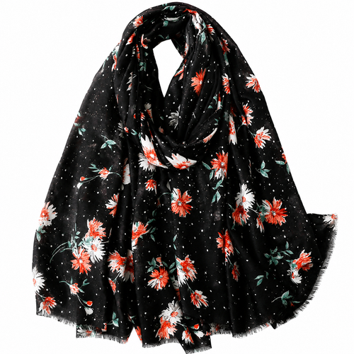 Black Floral Print Long Scarf