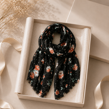 Black Floral Print Long Scarf
