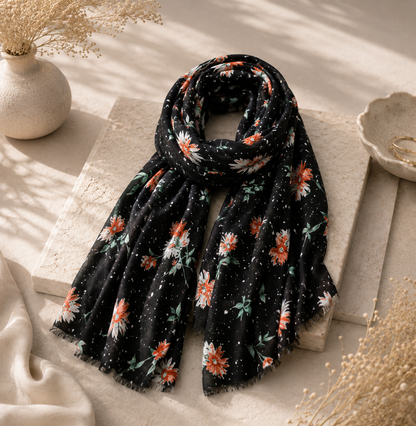 Black Floral Print Long Scarf