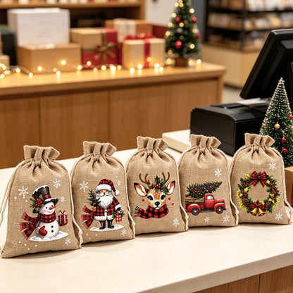 🎄Christmas Drawstring Gift Bags‑Santa & Reindeer Polyester Pouches 🎁
