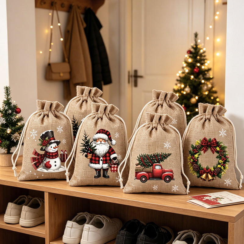 🎄Christmas Drawstring Gift Bags‑Santa & Reindeer Polyester Pouches 🎁