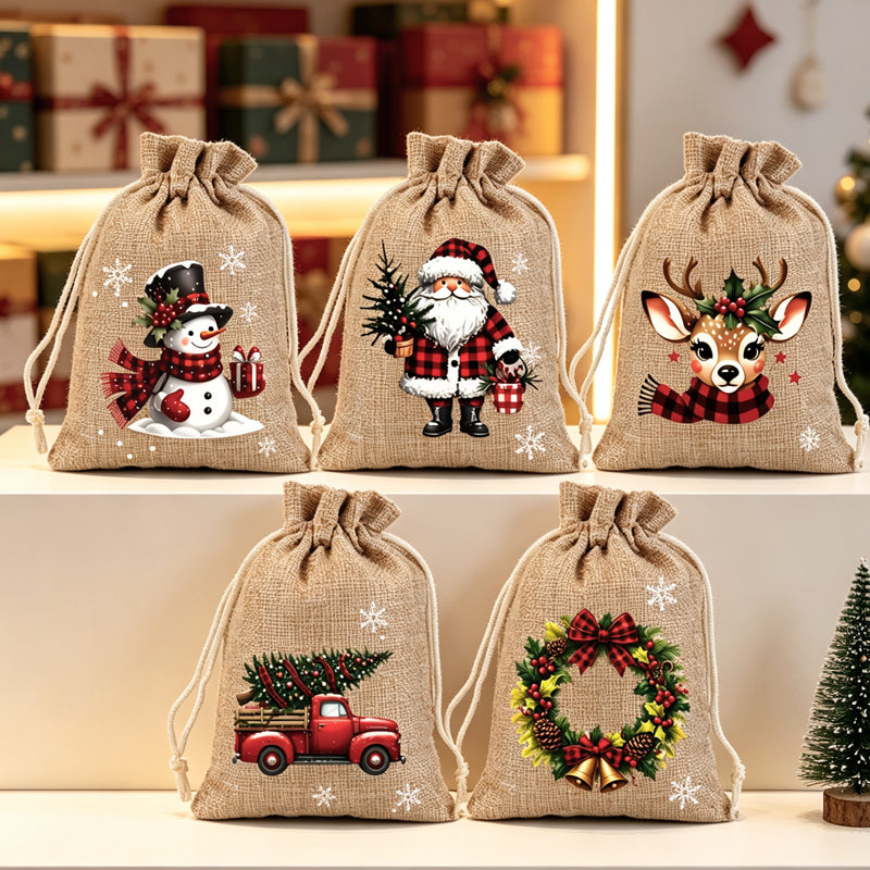 🎄Christmas Drawstring Gift Bags‑Santa & Reindeer Polyester Pouches 🎁