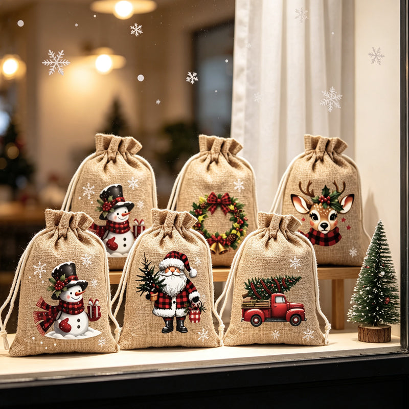 🎄Christmas Drawstring Gift Bags‑Santa & Reindeer Polyester Pouches 🎁