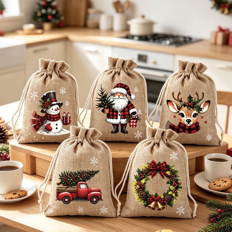 🎄Christmas Drawstring Gift Bags‑Santa & Reindeer Polyester Pouches 🎁