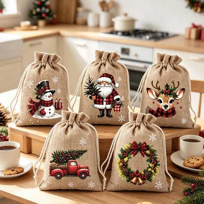 🎄Christmas Drawstring Gift Bags‑Santa & Reindeer Polyester Pouches 🎁