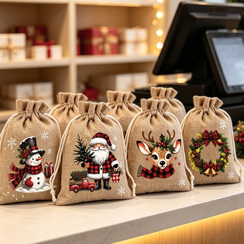 🎄Christmas Drawstring Gift Bags‑Santa & Reindeer Polyester Pouches 🎁