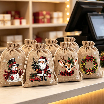 🎄Christmas Drawstring Gift Bags‑Santa & Reindeer Polyester Pouches 🎁