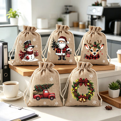 🎄Christmas Drawstring Gift Bags‑Santa & Reindeer Polyester Pouches 🎁